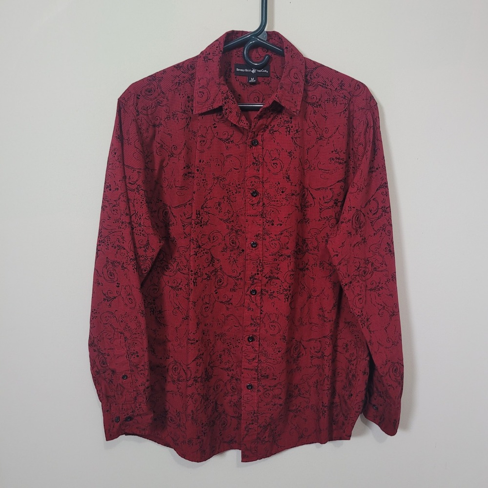 Beverly Hills Polo Club Size M Button Down Mens Red Black Floral Scroll Shirt